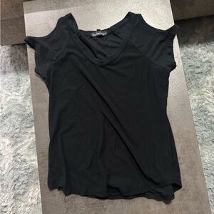 Black Derek Heart V-neck top with peek-a-boo shoulder. Size medium.